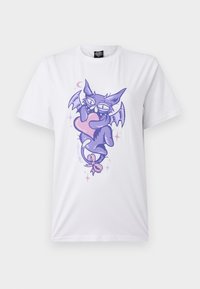 White cotton t-shirt featuring a colorful graphic of a cartoon bat-like creature with glasses, holding a pink heart on its chest.