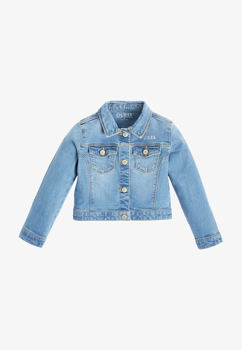 Jasnoniebieska kurtka dżinsowa z długimi rękawami, przednimi kieszeniami, zapięciem na guziki i haftowanym logo na klatce piersiowej. Krótkie wykonanie.