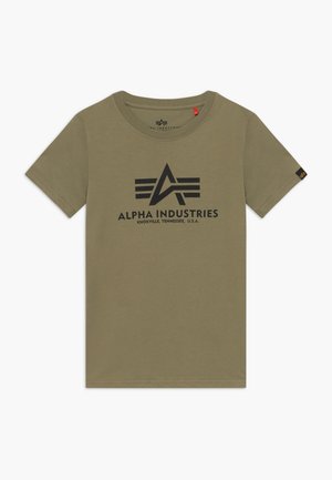 Olivově zelené bavlněné tričko s krátkým rukávem, kulatým výstřihem a černým grafickým potiskem s nápisem "Alpha Industries" a logem na přední straně.