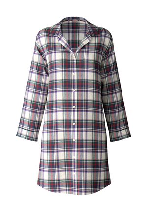 Camicia da pigiama a quadri con chiusura a bottoni, maniche lunghe e colletto. Presenta quadretti rossi, verdi, viola e bianchi su un tessuto morbido.