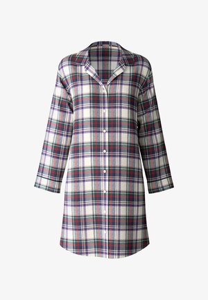 Camicia da pigiama a quadri con chiusura a bottoni, maniche lunghe e colletto. Presenta quadretti rossi, verdi, viola e bianchi su un tessuto morbido.