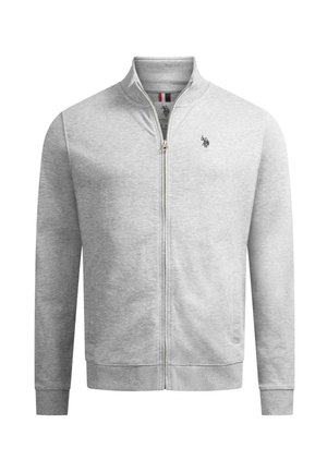 Graue Fleecejacke mit Reißverschluss und Stehkragen, gerippten Bündchen und kleinem gestickten Logo auf der Brust. Weicher Stoff und lässiges Design.