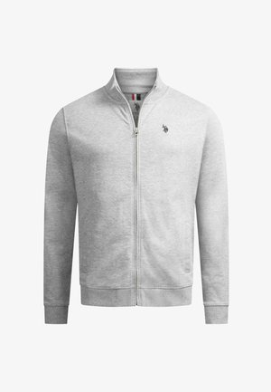Gray zip-up fleece jacket with a stand collar, ribbed cuffs, and small embroidered logo on the chest. Soft texture and casual design.