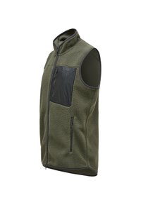 Olive green fleece vest, zippered front, high collar, double chest pocket (black) and side pockets, textured fabric, no sleeves.