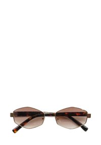 Occhiali da sole esagonali con lenti color marrone, montatura a motivo tartaruga, sottili dettagli dorati e aste nere eleganti.