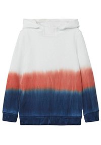 Hætte sweatshirt med en hvid krop, der har en gradient fra rød øverst til marineblå nederst. Blød tekstur med ribbede manchetter.