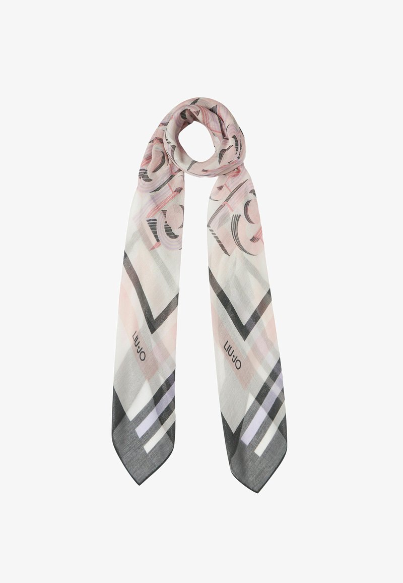 Foulard en soie léger présentant un motif géométrique en rose, gris et noir avec un logo. Forme longue et étroite avec des extrémités pointues.