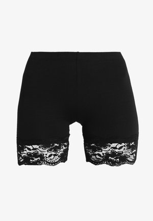 Black shorts made of stretchy fabric, featuring a lace hem at the bottom with floral patterns, ensuring a fitted yet comfortable design.
