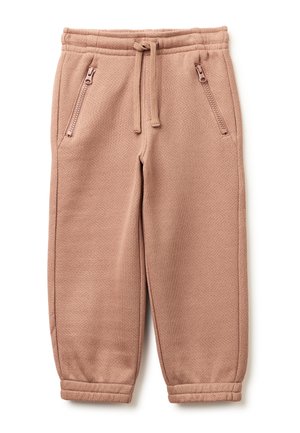 Lichtbruine joggerbroeken voor kinderen met elastische tailleband, trekkoord, ritszakken aan de zijkant en elastische boorden, plat gelegd op een witte achtergrond.