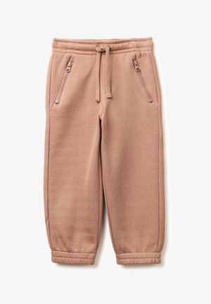 Hellbraune Jogginghosen für Kinder mit elastischem Bund, Kordelzug, seitlichen Reißverschlusstaschen und Bündchen an den Beinen, flach auf weißem Hintergrund liegend.