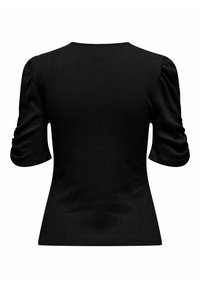 Top nero a costine con maniche a palloncino corte, scollatura rotonda e forma aderente. Il tessuto presenta una sottile texture uniforme.