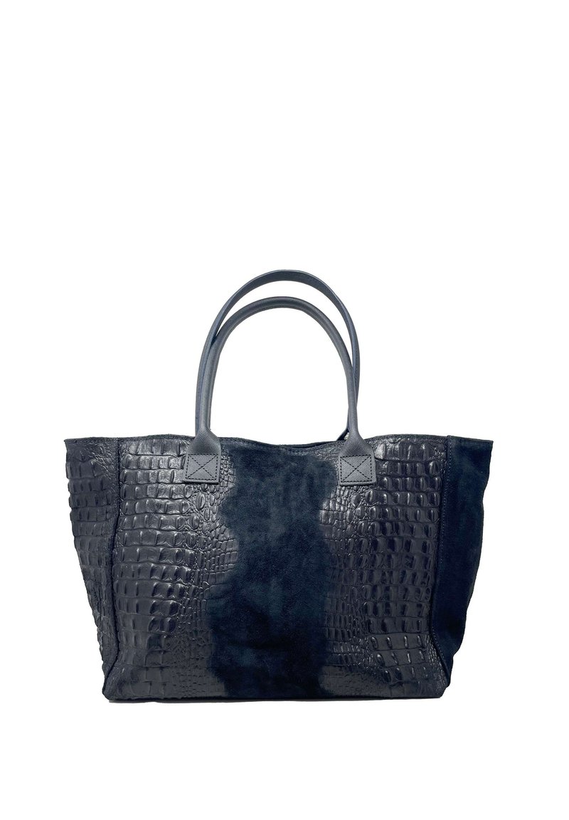 Duża torba na ramię z gładkiej skóry i teksturowanym wzorem krokodyla, w ciemnoniebieskim kolorze, z dwiema solidnymi rączkami i otwartym projektem.