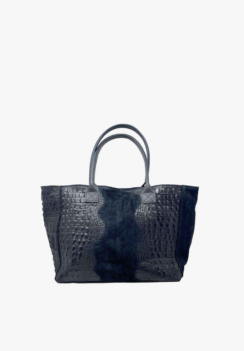 Duża torba na ramię z gładkiej skóry i teksturowanym wzorem krokodyla, w ciemnoniebieskim kolorze, z dwiema solidnymi rączkami i otwartym projektem.