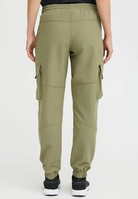 Lightweight olive green cargo pants with an elastic waist, cuffs, and side pockets; smooth texture with subtle seams and a relaxed fit.