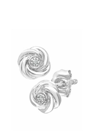 Srebrne kolczyki wkrętki w kształcie spiralnego kwiatu, z centralnym kryształem. Gładka faktura z polerowanym wykończeniem, o wymiarach około 1 cm.