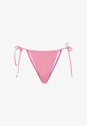 Rosa Bikini-Unterteile mit verstellbaren Bändern an jeder Seite. Hergestellt aus glattem, dehnbarem Stoff mit einem minimalistischen Design und ohne Muster.