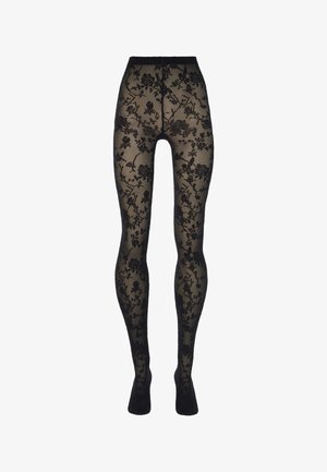 Schwarze, transparente Strumpfhosen mit einem aufwendigen floralen Spitzenmuster und einem soliden Bund, präsentiert auf einem weißen Hintergrund.