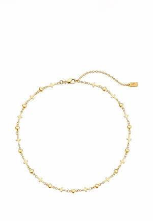 Collar de cadena dorada con pequeños colgantes alternos de corazón y cruz, y un cierre de langosta con cadena de extensión ajustable.