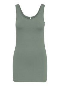 Olivgrünes ärmelloses Tanktop, aus weichem Material gefertigt, mit rundem Halsausschnitt und taillierter Silhouette. Glatte Textur, minimales Design.