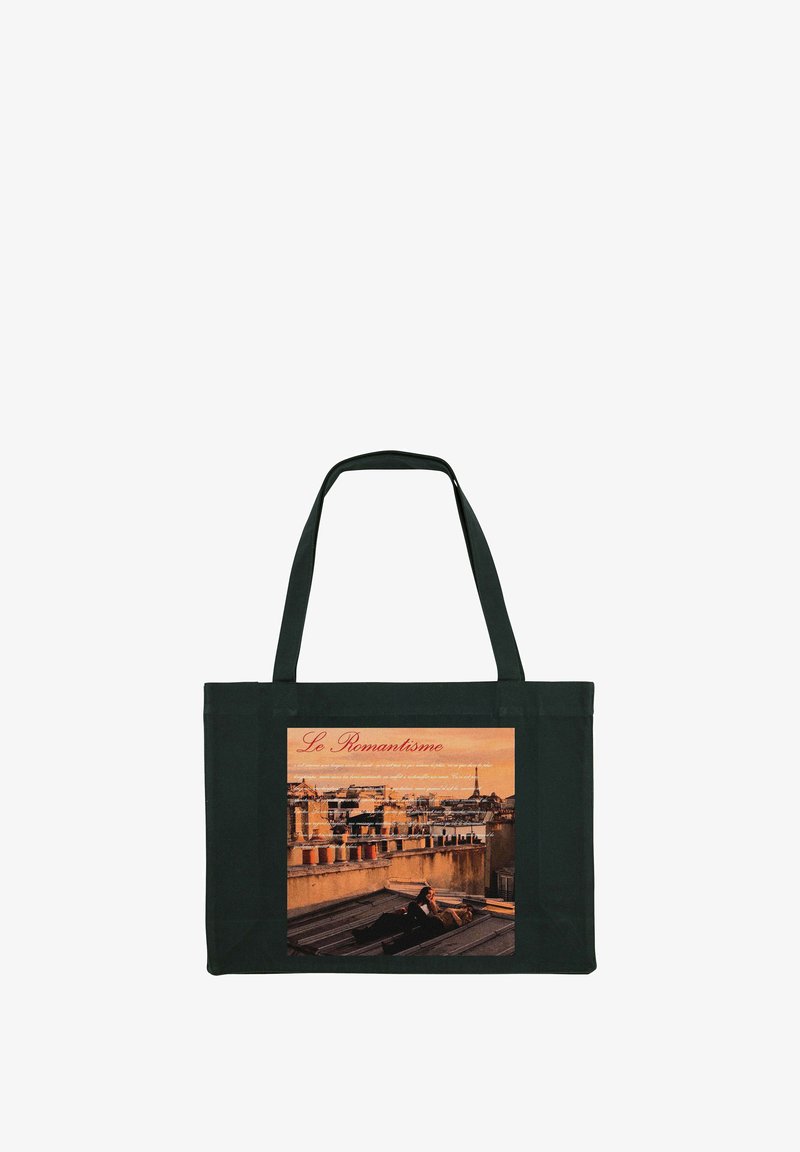 Borsa tote in tela verde presenta un'immagine stampata che raffigura una scena romantica con tetti e la Torre Eiffel, accentuata dal testo "Le Romantisme."