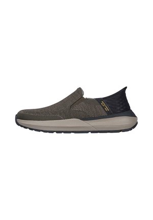Slip-on shoe featuring a breathable brown mesh upper, gray rubber outsole, and a textured black heel accent. Integrated cushioning for comfort.