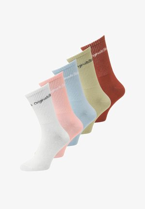 Cinq paires de chaussettes montantes en blanc, rose, bleu, vert et rouge. Texture côtelée avec logo imprimé en haut. Mélange de coton.