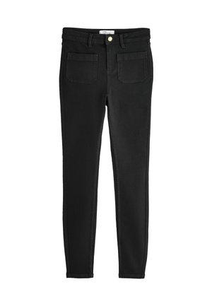 Schwarze, enge Jeans aus Denim mit einem taillierten Design, ausgestattet mit einem Vorderknopfverschluss, fünf Taschen und Kontrastnähten.
