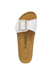 White sandal with glossy strap, silver buckle, and brown suede insole. Flat sole, minimalist design with brand logo on insole.