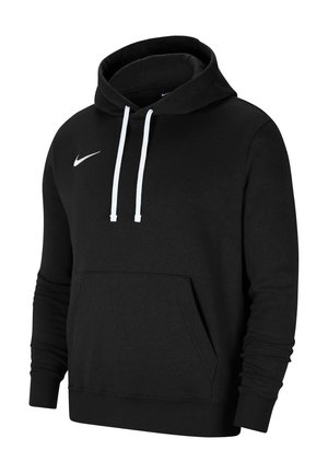 Sweat à capuche Nike noir avec cordons blancs et une poche kangourou devant, présenté sur un fond neutre.