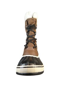 Botas de invierno impermeables de color marrón con una puntera de goma texturizada, diseño de cordones y forro de forro polar en la parte superior. Suela de goma negra con relieves.
