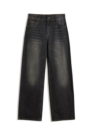 Weite schwarze Denim-Jeans mit einem ausgewaschenen Finish, fünf Taschen, Knopfverschluss und kontrastierenden Nähdetails.