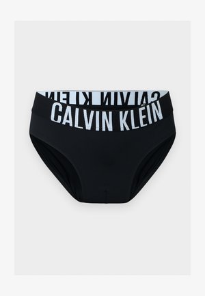 Čierne dámske bikiny Calvin Klein s širokým elastickým pásom s veľkým bielym logom Calvin Klein.