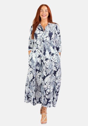 Vloeiende, marineblauwe jurk met een witte botanische print, colbertontwerp, driekwartmouwen en zijzakken. Glad fabric met een ontspannen pasvorm.