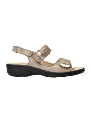 Sandale beige à bout ouvert avec des sangles réglables et une semelle noire coussinée pour le confort et le soutien.