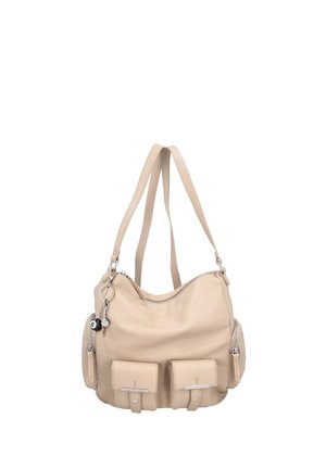 Borsa a mano in pelle beige con forma arrotondata, due tasche frontali, dettagli in metallo argentato e doppi manici per la spalla. Texture liscia.