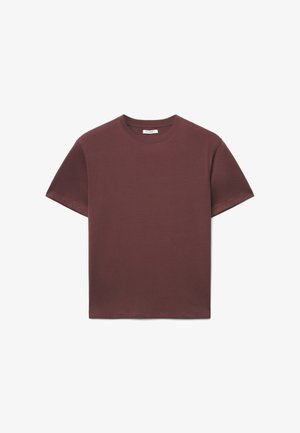 Maglietta bordeaux a maniche corte in morbido cotone, con scollo rotondo e design semplice, taglio dritto e senza motivi.