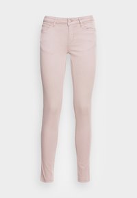 Ljust rosa slim-fit jeans gjorda av stretchdenim. Har fem fickor, knappstängning fram och en jämn, texturerad yta.