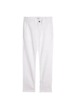 Pantalones de algodón blancos con cierre de botón, diseño de cinco bolsillos y corte recto. Textura suave con detalles de costura.
