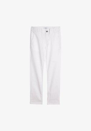 Białe bawełniane spodnie z zapięciem na guzik, pięcioma kieszeniami i prostym krojem nogawek. Gładka tekstura z przeszyciami.