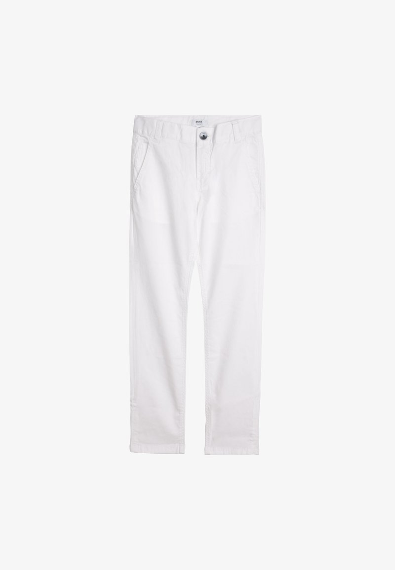 Vita bomullbyxor med knappstängning, femficksdesign och rak benklippning. Slät textur med sydda detaljer.