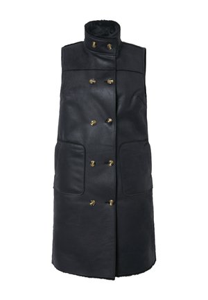 Gilet senza maniche nero realizzato in pelle liscia, con colletto alto, bottoni doppi in tono oro e due tasche frontali.