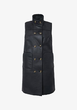 Sort ærmeløs vest lavet af glat læder, med høj krave, dobbeltradet guld-tonet knapper og to forlommer.