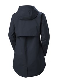 Μπλε μπουφάν αδιάβροχο με κουκούλα, άνοιγμα στην πλάτη και μακρύτερο τελείωμα. Κατασκευασμένο από λείο, ελαφρύ υλικό, με αντιθετικές λεπτομέρειες ραφής.