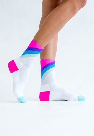 Multicolored ankle socks featuring a white base with pink, blue, and purple gradient stripes on the cuffs and accents on the heels.