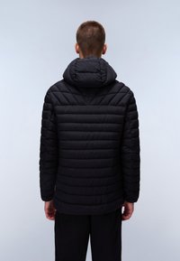 Black puffer jacket with a hood, featuring quilted details and a textured finish. The design has a relaxed fit with a straight hem.