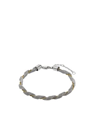 Bransoletka z splotu srebra i złota z zapięciem typu lobster oraz regulowanym przedłużaczem na białym tle.