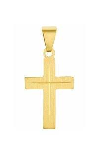 Gold Kreuzanhänger mit matter Oberfl�äche, der ein einfaches Design und flache Flächen aufweist, die an einem geschlossenen Schlaufenbail hängen.