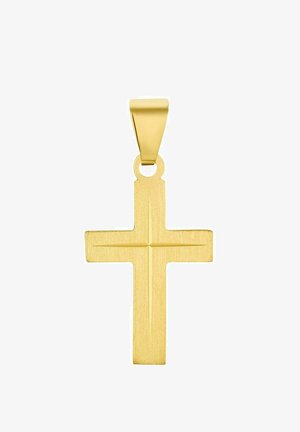 Gouden kruis hanger met een geborstelde afwerking, met een eenvoudig ontwerp en platte oppervlakken, opgehangen aan een gesloten lus.