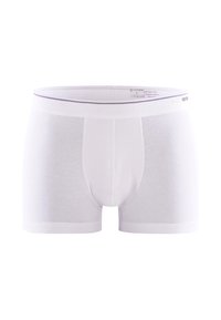 Valkoiset puuvillaiset bokserit, joissa on sileä pinta, pehmeä elastinen vyötärö ja pystysauma edessä lisätukea varten.