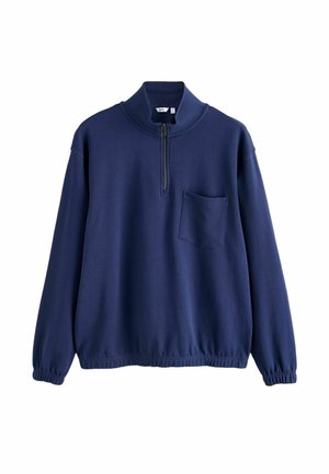 Marineblauer Pullover mit langen Ärmeln, einem Viertel-Reißverschluss vorne, elastischen Bündchen und Saum sowie einer Brusttasche auf der linken Seite.